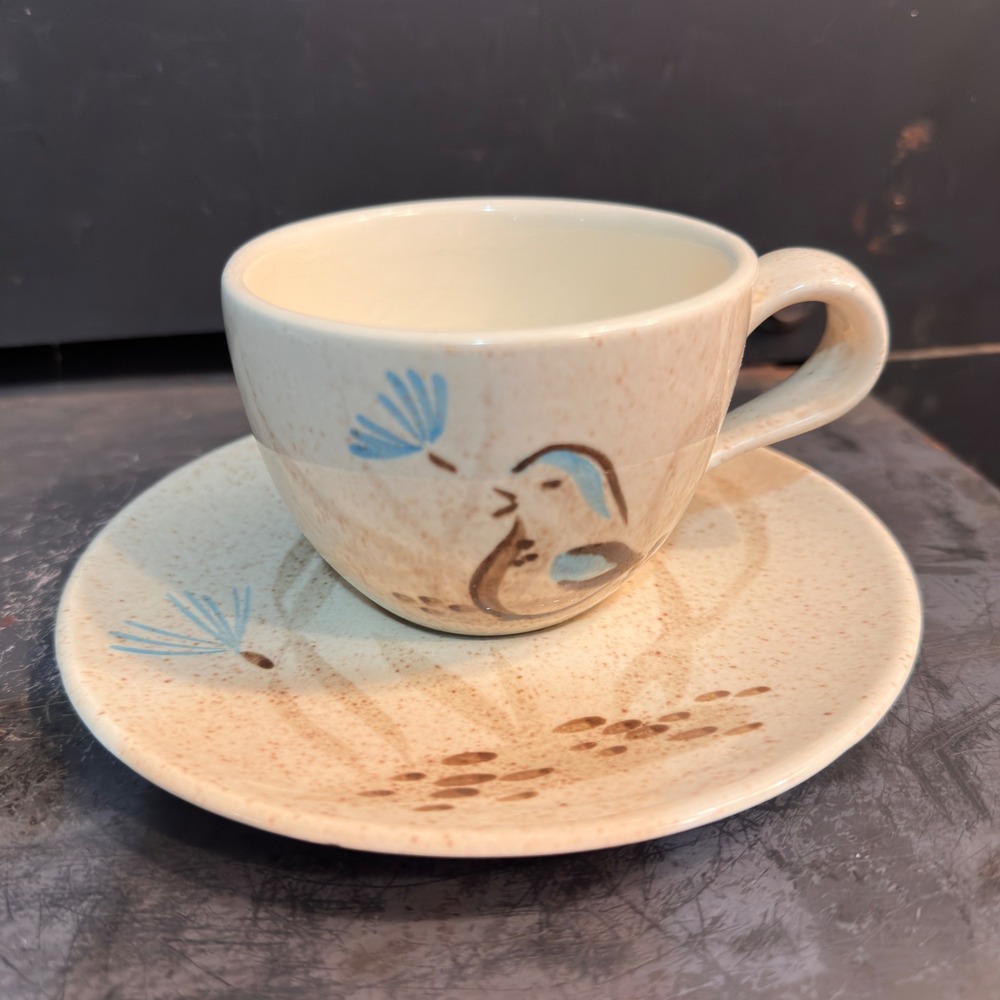 Red Wing Bob White Cup Saucer Set Vintage MCM Stoneware Quail Blue Brown 1950s